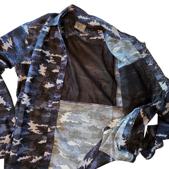 Salt Life SLX Fishing Shirt Stretch Flannel, Fish Camo Print NWT sz M Mesh Vents - Picture 5 of 13